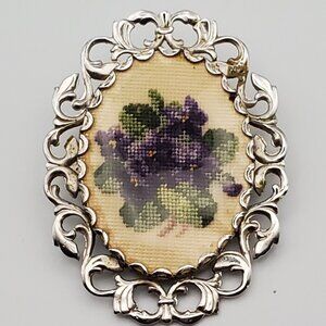 Vintage Italian Needlepoint Pansies Oval Silver Brooch Ornate Bezel Grannycore